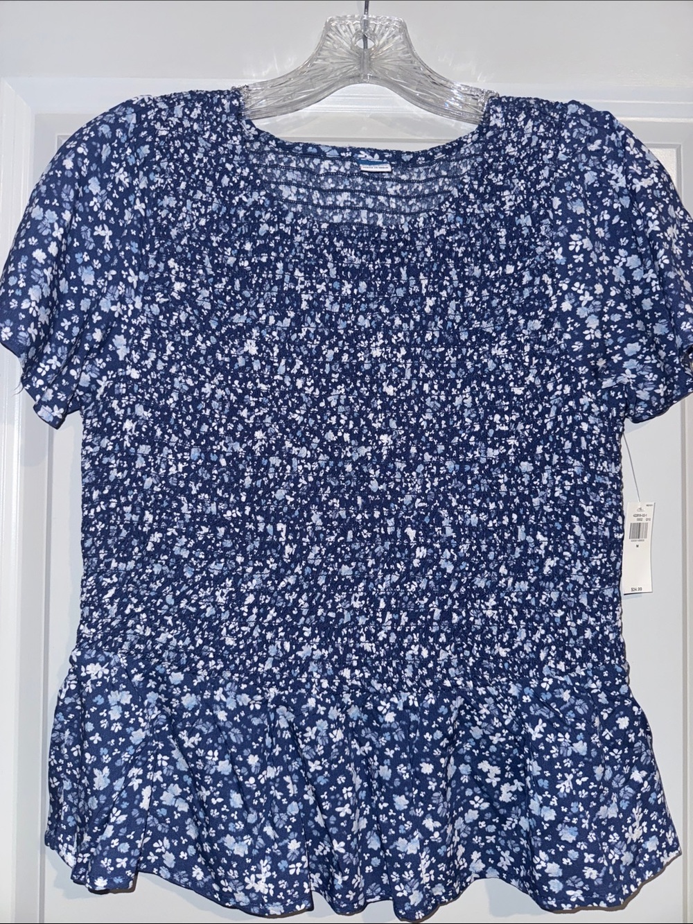 Women’s Navy Blue Floral Smocked Short Sleeve Top